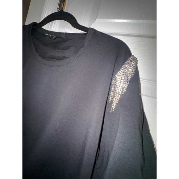 Veronica Beard Black Rhinestone Fringe Shoulder Epaulette Crewneck Tee Shirt - Picture 8 of 11